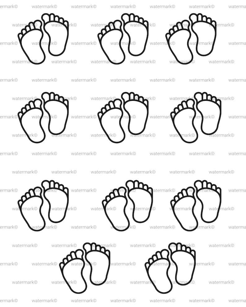 May include: A repeating pattern of black outline footprints. Each footprint pair is side-by-side, with the toes pointing in the same direction. The image is a simple, minimalist design.