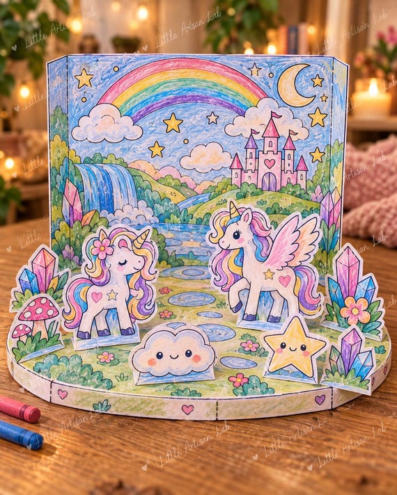 Whimsy Pegasus Playset Printable, Unicorn Paper Doll Craft, Crystal Cave Kids Activity, Fantasy Coloring Playset PDF