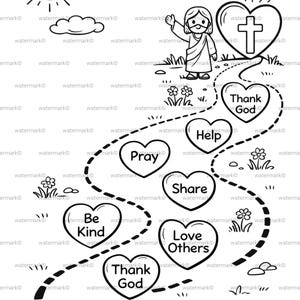 May include: Black and white line art illustration with the text "Walk With Jesus." The image features a path with heart-shaped steps labeled "Thank God," "Help," "Pray," "Share," "Love Others," and "Be Kind." Includes instructions: "1. Color 2. Cut 3. Glue 4. Walk with Jesus."