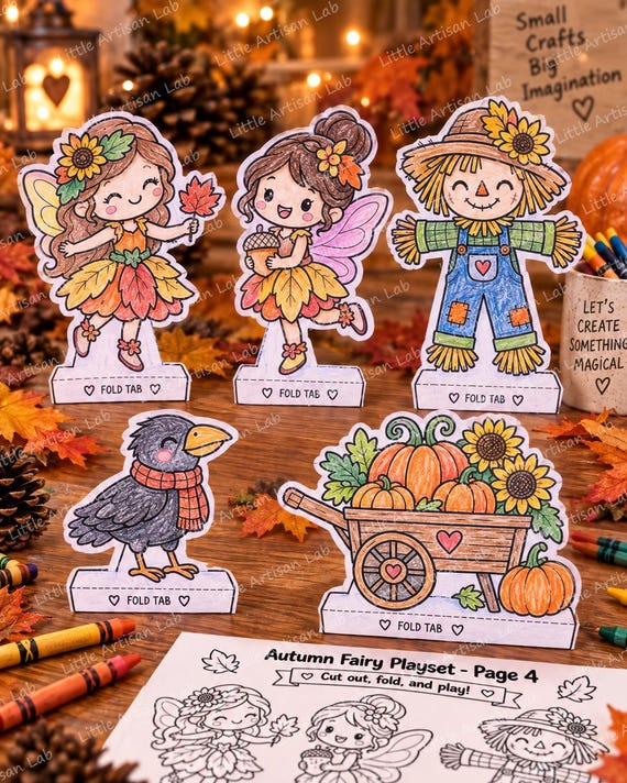 Autumn Fairy Playset Printable, Fall Fairy Paper Doll Craft, Mushroom House Kids Activity, Pumpkin Fairy Coloring PDF