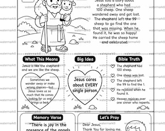 Lost Sheep Bible Lesson Card Printable, Sunday School Kids Activity, Luke 15 Scripture Page, Christian Coloring Sheet