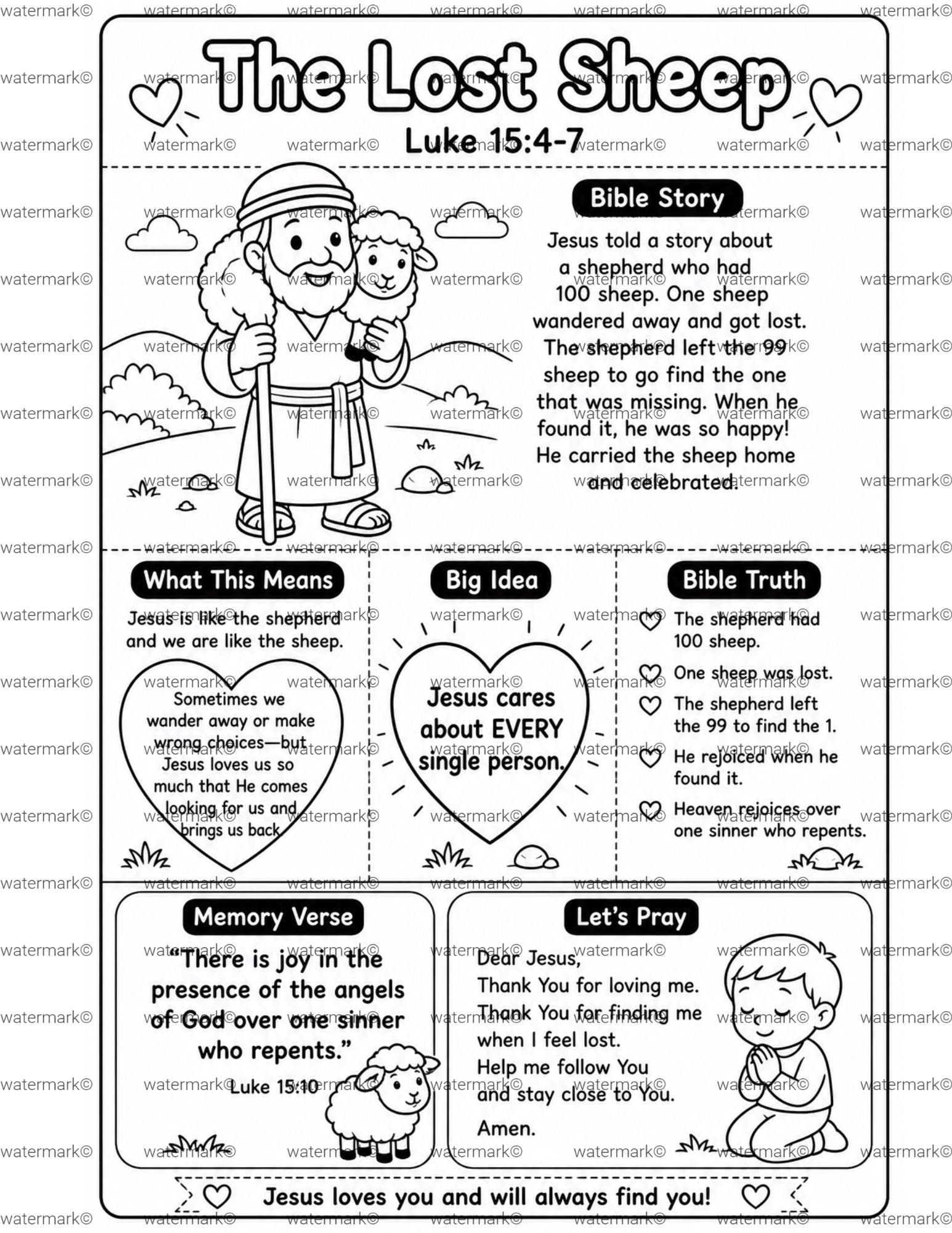 Lost Sheep Bible Lesson Card Printable, Sunday School Kids Activity,…