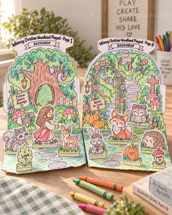 Christian Woodland Playset Printable, Jesus Paper Dolls for Kids, Sunday School Fall Craft, Bible Activity, Autumn Coloring Playset