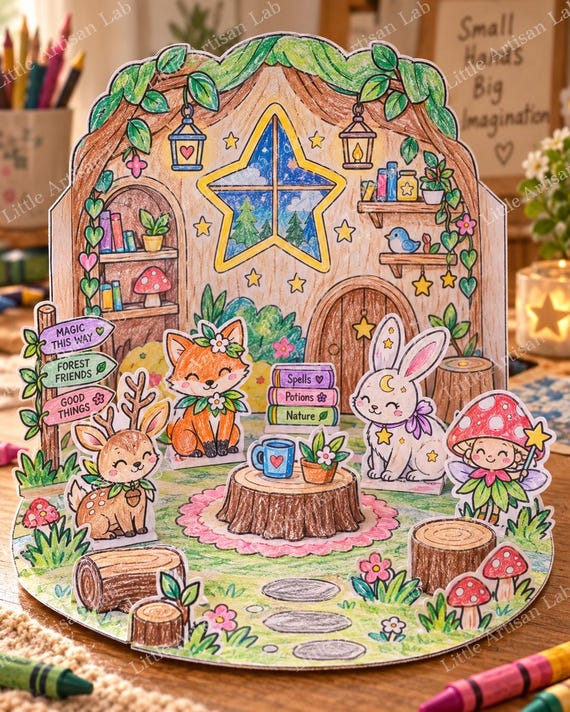 Whimsy Woodland Playset Printable, Moon House & Star Tree House, Kids Paper Doll Craft, Coloring Activity, Woodland PDF