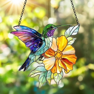 Ornement acrylique colibri avec fleur, oiseau suspendu à une fenêtre, art colibri, décoration cadeau