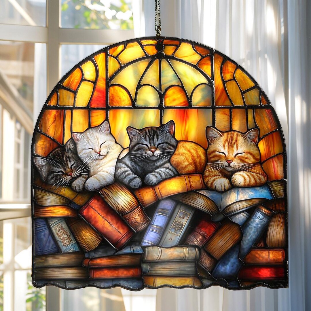 Faux Stained Glass Acrylic Suncatcher With Four Sleeping Cats on ...