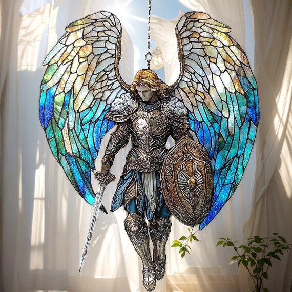 大天使戦士フェイクステンドグラスアクリルサンキャッチャー - ブルー