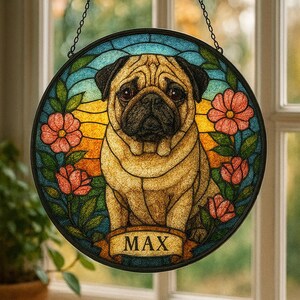 Custom Pet Portrait Acrylic Suncatcher - Faux Stained Glass Round Window Hanging - Personalized Dog Memorial Gift For Pet Lovers
