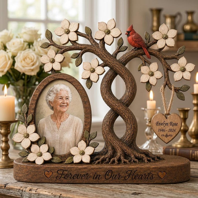 May include: A memorial photo frame featuring a sculpted tree with white dogwood flowers and a red cardinal. An oval frame holds a portrait of an elderly person. A heart-shaped wooden tag reads Evelyn Rose 1946-2024. The base says Forever in Our Hearts.