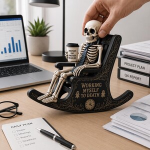 May include: A skeleton figurine sitting in a black rocking chair with gold filigree, holding a coffee cup labeled "Another day, another deadline." The chair features the text "Working myself to death" with ghost icons and a clock graphic.