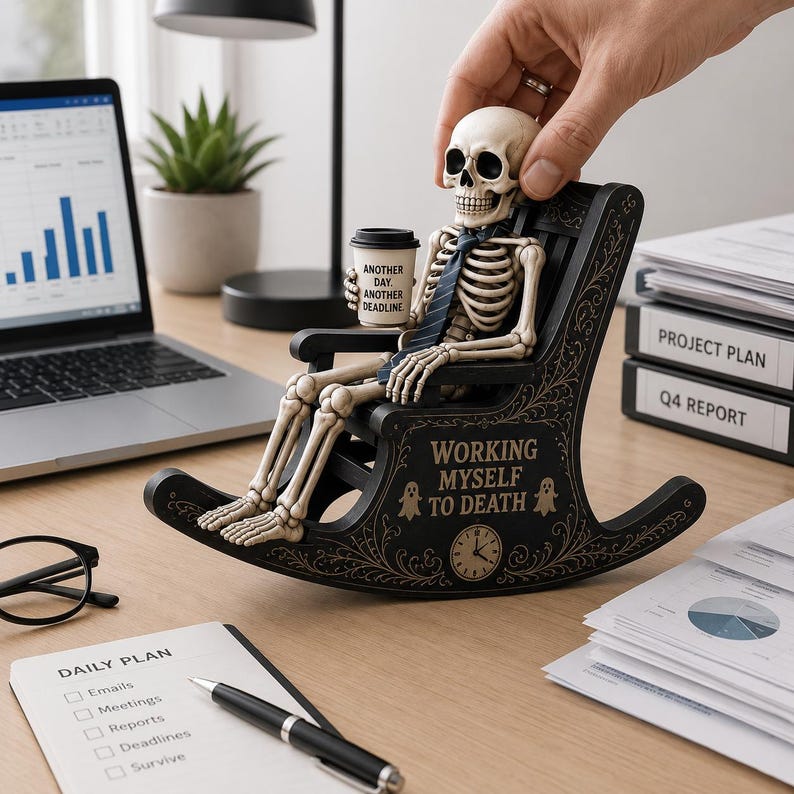 May include: A skeleton figurine sitting in a black rocking chair with gold filigree, holding a coffee cup labeled "Another day, another deadline." The chair features the text "Working myself to death" with ghost icons and a clock graphic.