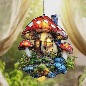 Mushroom Cottage Acrylic Suncatcher - Whimsical Window Hanging Art - Fairy House Gift for Nature Lovers & Fantasy Fans