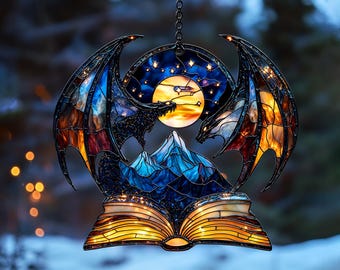 Dragons on Book Suncatcher for Fantasy Book Lovers, ACRYLIC Window Hanging, Mini Bookshelf Decor, Acotar Gifts for Readers