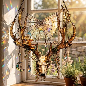 K&ouml;nnte beinhalten: Ein Wandbehang aus Buntglas mit einem Hirschsch&auml;del mit gro&szlig;em Geweih, einem zentralen Spinnennetz-Design und Pilzgruppen. Das St&uuml;ck ist mit h&auml;ngenden Kristallprismen, einem Mondsichel-Anh&auml;nger und kleinen gr&uuml;nen Blattakzenten verziert.