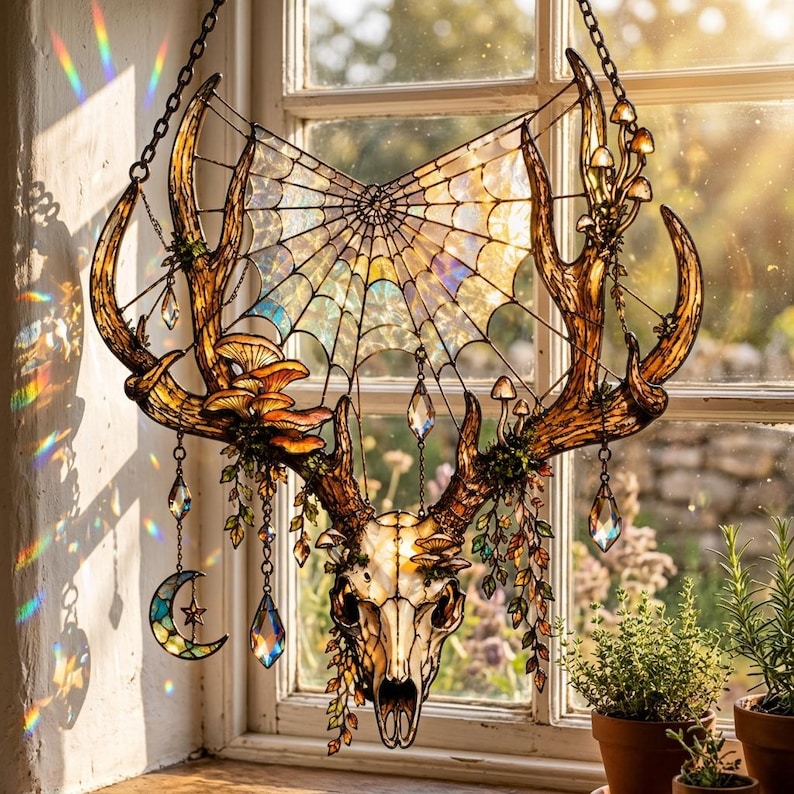 K&ouml;nnte beinhalten: Ein Wandbehang aus Buntglas mit einem Hirschsch&auml;del mit gro&szlig;em Geweih, einem zentralen Spinnennetz-Design und Pilzgruppen. Das St&uuml;ck ist mit h&auml;ngenden Kristallprismen, einem Mondsichel-Anh&auml;nger und kleinen gr&uuml;nen Blattakzenten verziert.