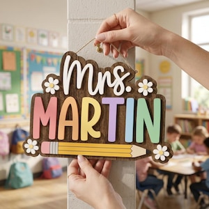 Placa de madeira personalizada para porta de professor, placa com nome da sala de aula personalizada, decoração escolar com tema de lápis, presente de agradecimento ao professor