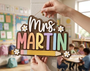Personalisierte Lehrer Türschild aus Holz, benutzerdefinierte Klassenzimmer Namen Plakette, Bleistift Schule Dekor, Geschenk für Lehrer Wertschätzung