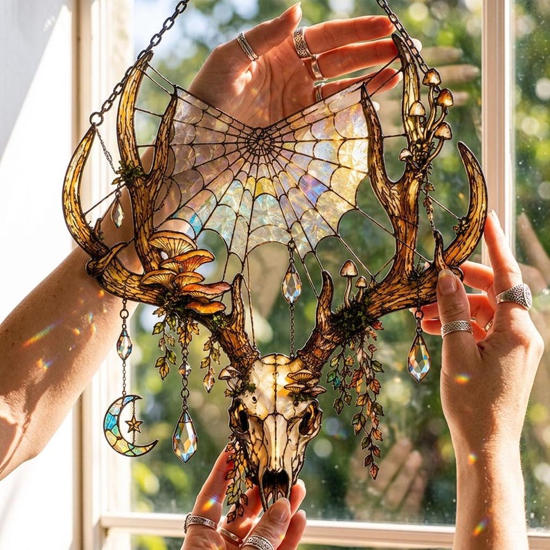 K&ouml;nnte beinhalten: Ein Buntglas-Sonnenf&auml;nger mit einem Tiersch&auml;del und Geweih, verziert mit irisierenden Spinnennetzen, Pilzgruppen, h&auml;ngenden Kristallprismen und einem Anh&auml;nger in Form eines zunehmenden Mondes mit Metalll&ouml;tarbeiten.