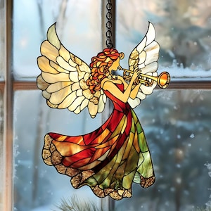 Christmas Angel acrylic Ornament, Whimsical Angel With Trumpet Suncatcher, Holiday Decor Gift  For Her, ACRYLIC Window Hanging & Wall Art