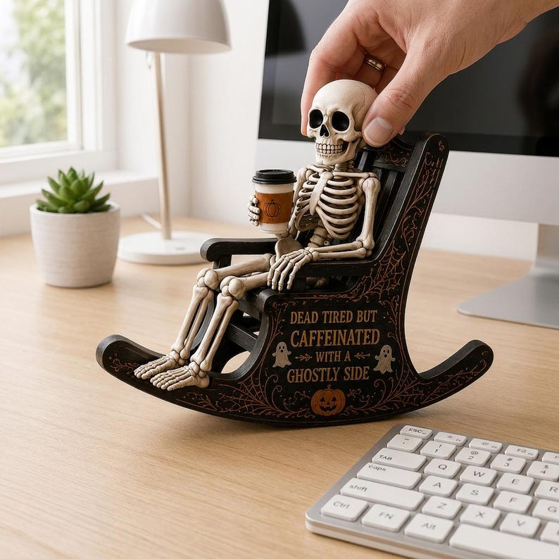 May include: A miniature skeleton figurine sitting in a black wooden rocking chair, holding a small coffee cup. The chair features orange printed text that reads: DEAD TIRED BUT CAFFEINATED WITH A GHOSTLY SIDE, along with ghost and pumpkin graphics.