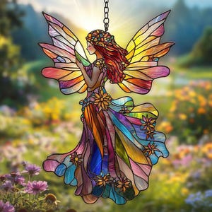 Fairy Garden Faux Stained Glass Acrylic Suncatcher - Whimsical Window Hanging - Spring Floral Decor Gift For Nature Lovers