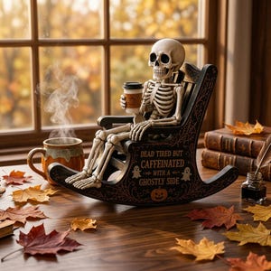May include: A skeleton figurine sitting in a black wooden rocking chair with the text "DEAD TIRED BUT CAFFEINATED WITH A GHOSTLY SIDE" printed on the side. The skeleton holds a small coffee cup, and the chair features pumpkin and ghost graphics.