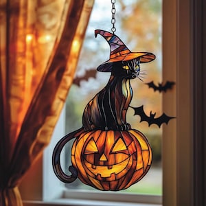Witch Cat On Pumpkin Faux Stained Glass ACRYLIC Suncatcher - Halloween Window Hanging Decor - Spooky Gift For Cat Lovers