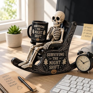 May include: A beige skeleton figurine sits in a black wooden rocking chair. The chair and a black mug held by the skeleton both feature the text "SURVIVING THE NIGHT SHIFT" with ghost and pumpkin graphics. The chair has intricate spiderweb detailing.