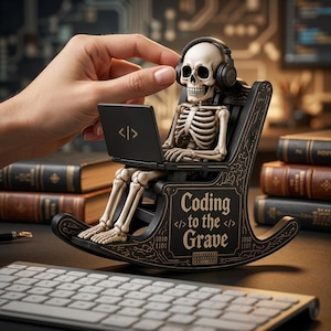 May include: A decorative figurine of a skeleton wearing black headphones, sitting in a black rocking chair while using a small laptop. The chair features the text "Coding to the Grave" with code symbols and binary numbers printed on the side.