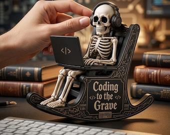 May include: A decorative figurine of a skeleton wearing black headphones, sitting in a black rocking chair while using a small laptop. The chair features the text "Coding to the Grave" with code symbols and binary numbers printed on the side.