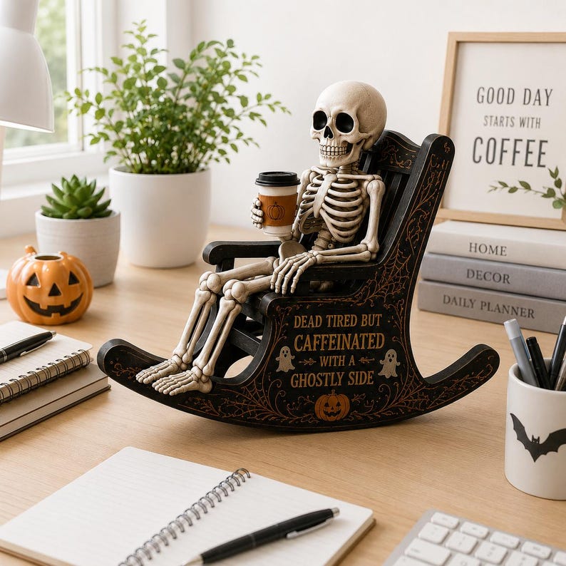 May include: A decorative skeleton figurine sitting in a black wooden rocking chair. The chair features orange spiderweb patterns, ghost illustrations, a pumpkin icon, and the text: DEAD TIRED BUT CAFFEINATED WITH A GHOSTLY SIDE. The skeleton holds a coffee cup.
