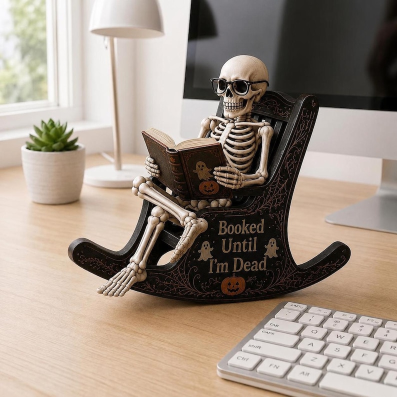 May include: A skeleton figurine wearing black-rimmed glasses, sitting in a black rocking chair and reading a book. The chair features orange pumpkin and white ghost illustrations with the text "Booked Until I'm Dead" printed on the side.