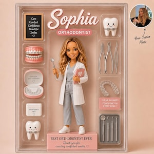 May include: A doll in a white lab coat and gray scrubs stands in a clear display box labeled Sophia Orthodontist. Accessories include a dental mirror, braces, clear aligners, orthodontic wax, and tools. Text reads Best Orthodontist Ever.