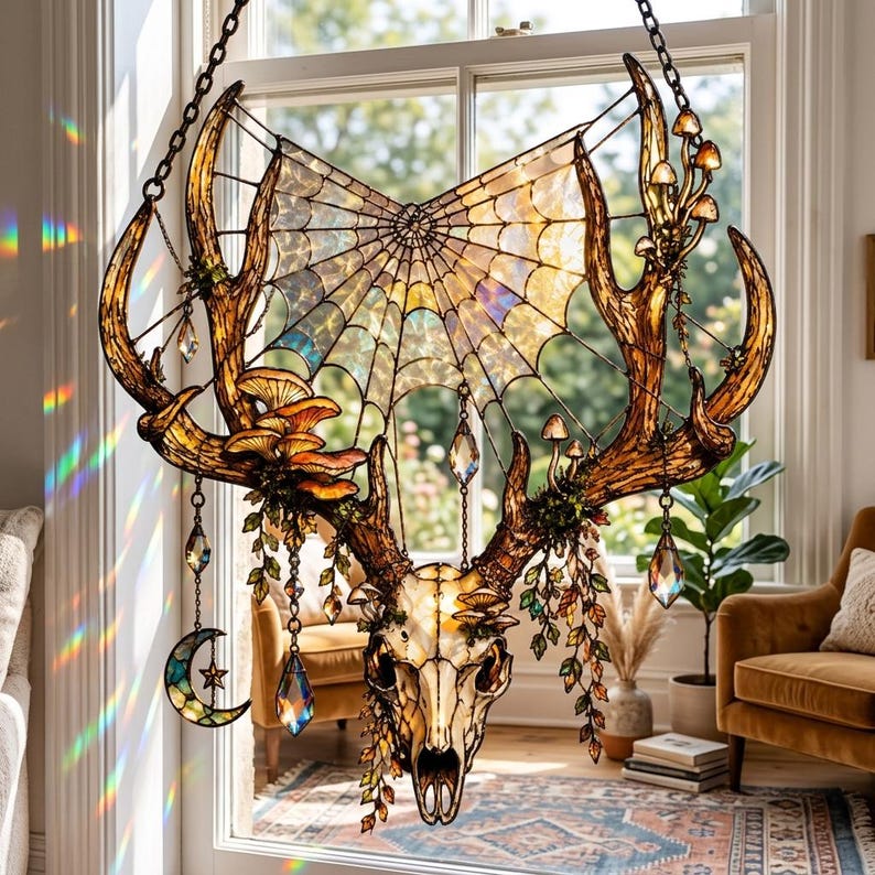 K&ouml;nnte beinhalten: Ein Buntglas-Sonnenf&auml;nger mit einem Hirschsch&auml;del mit gro&szlig;em Geweih, einem zentralen Spinnennetz-Design und h&auml;ngenden Kristallprismen. Das St&uuml;ck enth&auml;lt kleine Pilzakzente, h&auml;ngende Mondsichel- und Sternanh&auml;nger sowie gr&uuml;ne Blattdetails.