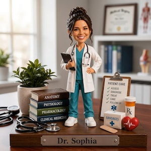 Puede incluir: Una figura cabezona personalizada de un médico con bata blanca y uniforme verde azulado, sosteniendo un portapapeles. La base muestra el nombre Dr. Sophia, libros médicos, un estetoscopio, una lista de pacientes, vendas y un corazón.