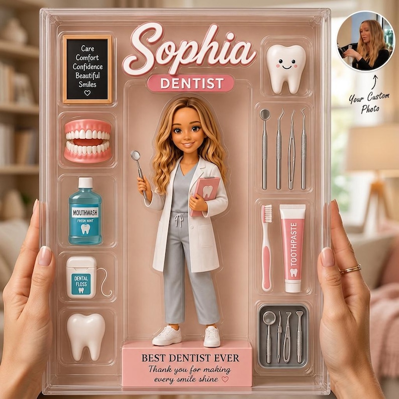 May include: A doll set in a clear plastic display box featuring a dentist figure in a white coat and gray scrubs. Accessories include a mouthwash bottle, dental floss, a toothbrush, toothpaste, dental tools, and tooth models. Text reads Sophia, Dentist, and Best Dentist Ever.