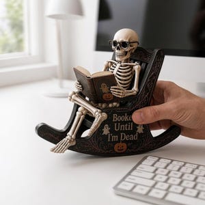 Decorazione da scrivania a forma di scheletro per lettore, stampata in 2D, blocco di legno per amanti dei libri, ornamento gotico per libreria, regalo di Halloween per bibliofili