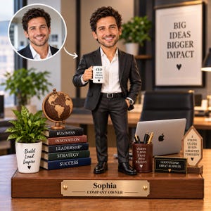 May include: A custom bobblehead figurine of a man in a black suit and white shirt holding a mug that reads CEO IDEAS PEOPLE RESULTS. The figure stands on a wooden base with a nameplate reading Sophia COMPANY OWNER, surrounded by miniature books.