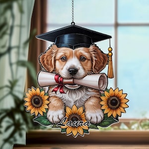 Atrapasueños de cachorro de graduación, colgante de ventana acrílico personalizado con girasoles y diploma, regalo personalizado para perro para graduación
