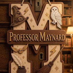 May include: A wooden hanging sign shaped like the letter M, featuring the text "Professor Maynard" in raised lettering. The sign is decorated with carved wooden icons including a wizard hat, an owl, a winged ball, a quill in an inkwell, and a broom.