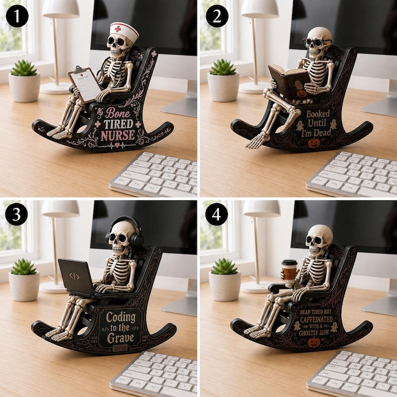 May include: Four decorative skeleton figurines sitting in black rocking chairs. Each skeleton holds a different item: a clipboard, a book, a laptop, or a coffee cup. The chairs feature ornate scrollwork and text including Bone Tired Nurse, Booked Until I'm Dead, Coding to the Grave, and Dead Tired but Caffeinated with a Ghostly Side.