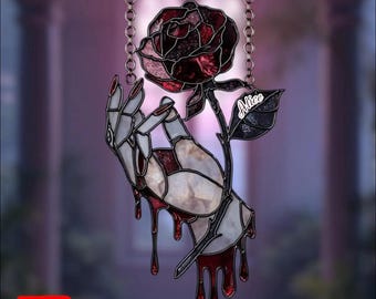 Gothic Bloody Rose Hand Acrylic Suncatcher - Faux Stained Glass Window Hanging, Gothic Vampire Decor, Unique Gift For Dark Romance Lovers