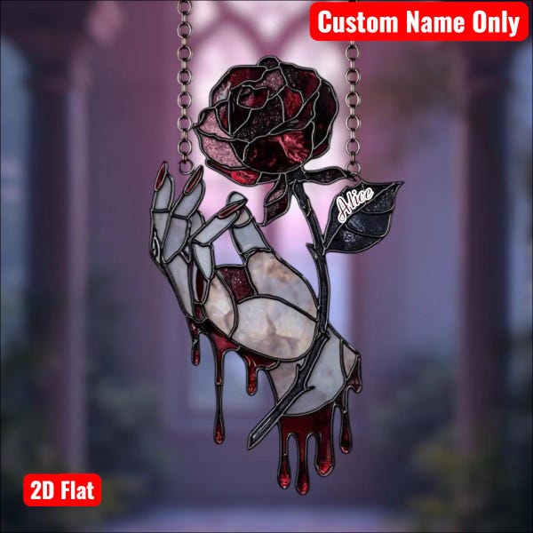 Atrapasueños acrílico de mano con rosa sangrienta gótica - Vitral falso para colgar en la ventana, decoración gótica de vampiros, regalo único para amantes del romance oscuro