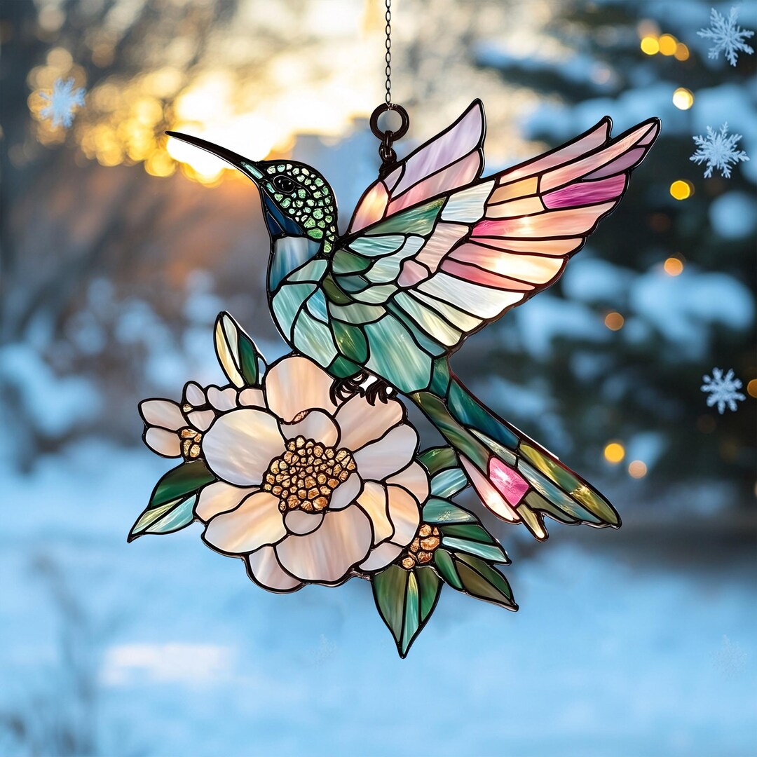 Hummingbird and Peony Flower Window Hanging Acrylic Ornament ...