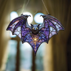 Galaxy Bat Suncatcher with Starburst Light, Acrylic Hanging Art in Purple and Gold, Gothic Celestial Window Decor for Halloween or All Year