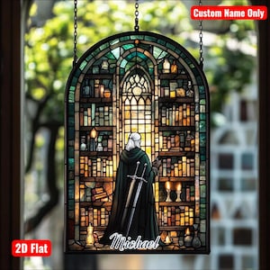 May include: Stained glass window art featuring a figure in a dark cloak with two swords, standing before a bookshelf. The window has a green and amber color scheme, with the text "Custom Name Only" and "2D Flat". The name "Michael" is also visible.