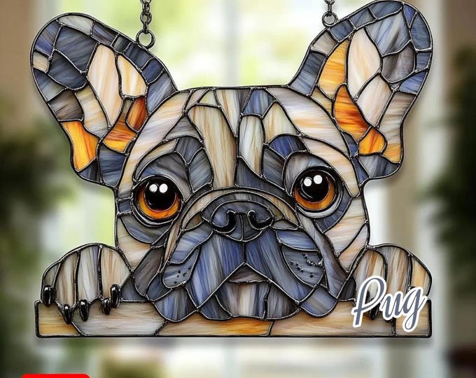 Faux Stained Glass Acrylic Suncatcher Featuring Cute French Bulldog Face, Playful Window Hanging Gift For Dog Lovers And Pet Moms