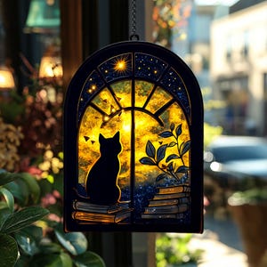 Black Cat And Book Ornament Suncatcher Window Hanging, Book Window Decor, Book Lover Gift, Bookish Ornament, Indoor Decor, Librarian Gift