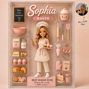 May include: A doll set in a clear plastic display box featuring a blonde doll wearing a chef hat and apron. Accessories include a mixing bowl, flour, sugar, butter, eggs, cupcakes, bread, cookies, rolling pin, whisk, spatula, piping bag, and recipe book.