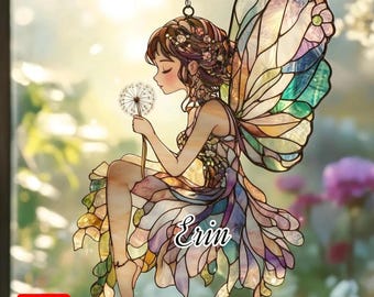 Fairy Garden Faux Stained Glass Suncatcher - Dandelion Wish Window Hanging, Whimsical Acrylic Fairycore Decor For Long-Distance Friends